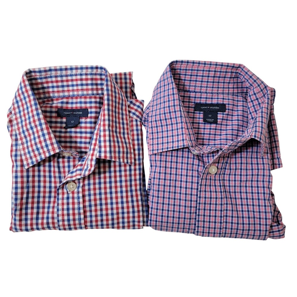 Tommy Hilfiger Boys Size 12 Gingham Button Down Shirts Lot of 2 Red Blue Pink